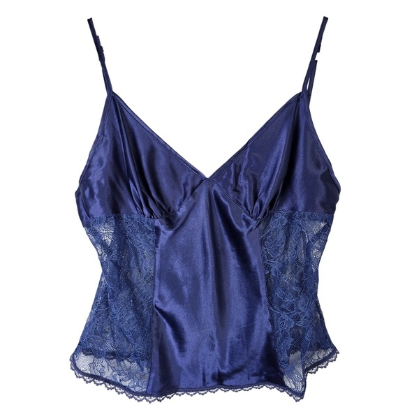 Victoria's Secret Tops - Victorias Secret 100% Silk Satin Lace Camisole Tank Top Navy Blue Size M